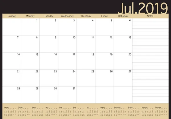 Julio 2019 Escritorio Calendario Vector Ilustración Diseño Simple Limpio — Vector de stock