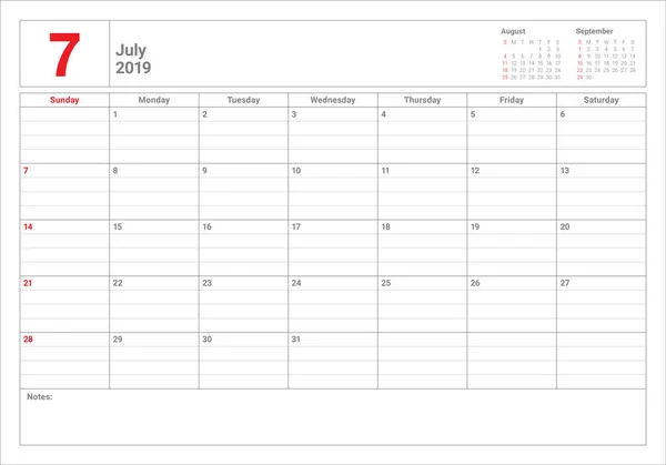 Липень 2019 Настільний Календар Векторні Ілюстрації Простий Чистий Дизайн — стоковий вектор