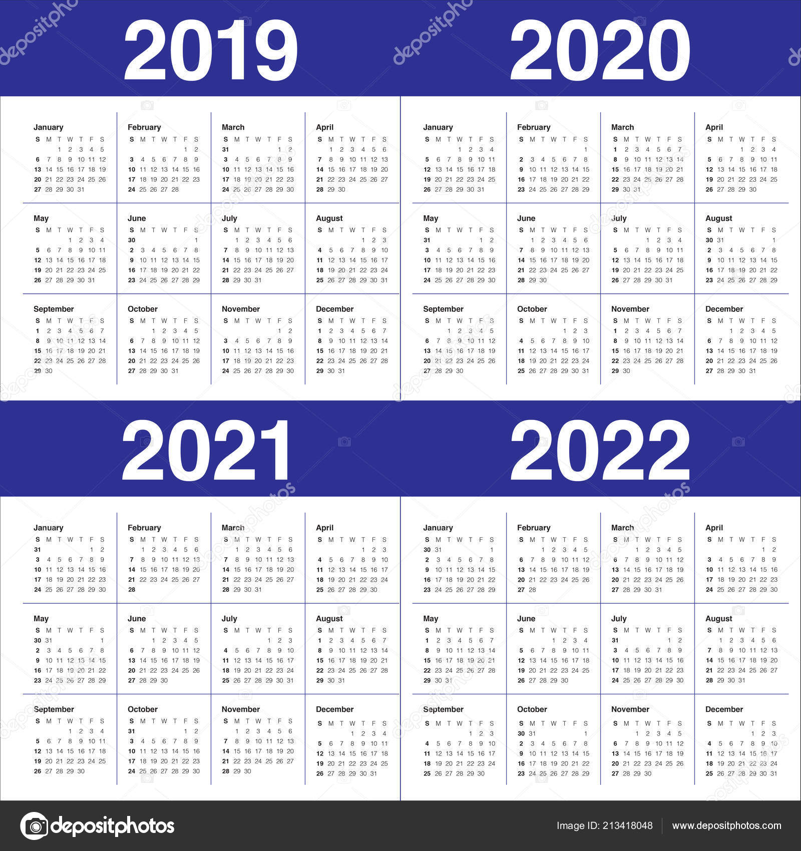 Year 2019 2020 2021 2022 Calendar Vector Design Template ...