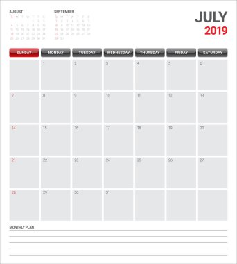 Temmuz 2019 Resepsiyon takvim vektör çizim, basit ve temiz tasarım.