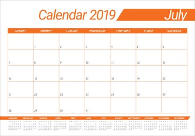Temmuz 2019 Resepsiyon takvim vektör çizim, basit ve temiz tasarım.