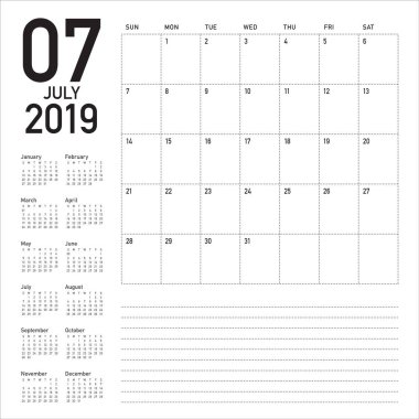 Temmuz 2019 Resepsiyon takvim vektör çizim, basit ve temiz tasarım.