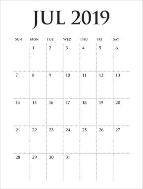 Temmuz 2019 Resepsiyon takvim vektör çizim, basit ve temiz tasarım.