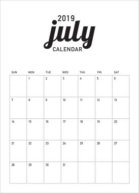 Temmuz 2019 Resepsiyon takvim vektör çizim, basit ve temiz tasarım.