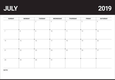 Temmuz 2019 Resepsiyon takvim vektör çizim, basit ve temiz tasarım.