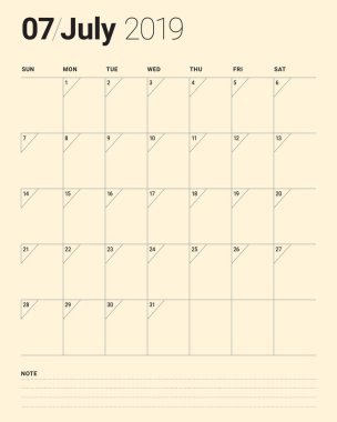 Temmuz 2019 Resepsiyon takvim vektör çizim, basit ve temiz tasarım.