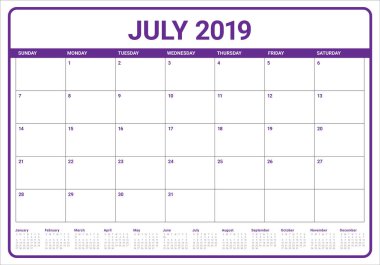 Temmuz 2019 Resepsiyon takvim vektör çizim, basit ve temiz tasarım.