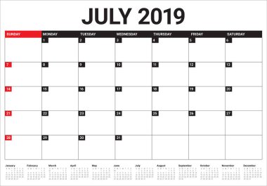 Temmuz 2019 Resepsiyon takvim vektör çizim, basit ve temiz tasarım.