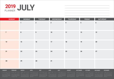 Temmuz 2019 Resepsiyon takvim vektör çizim, basit ve temiz tasarım.