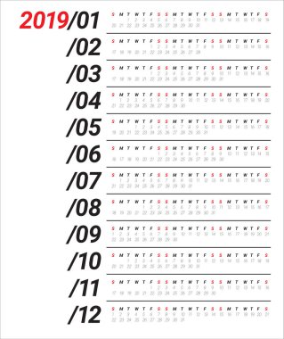 Yıl 2019 takvim vektör tasarım şablonu, basit ve temiz tasarım