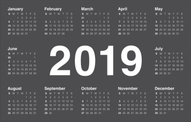 Yıl 2019 takvim vektör tasarım şablonu, basit ve temiz tasarım