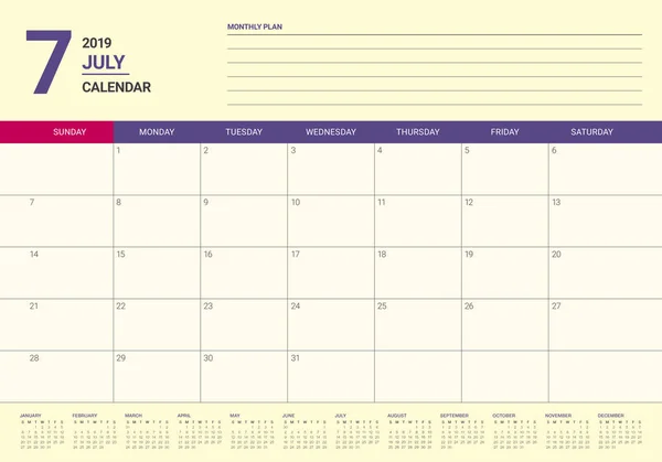 Julio 2019 Escritorio Calendario Vector Ilustración Diseño Simple Limpio — Vector de stock