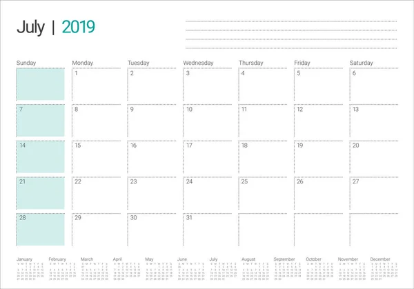 Ilustracja Wektorowa Lipca 2019 Biurko Kalendarza Prosty Czysty Design — Wektor stockowy