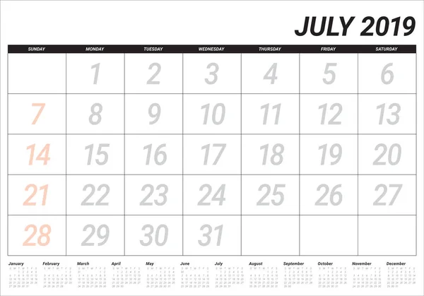 July 2019 Desk Calendar Vector Illustration Simple Clean Design — Stock Vector