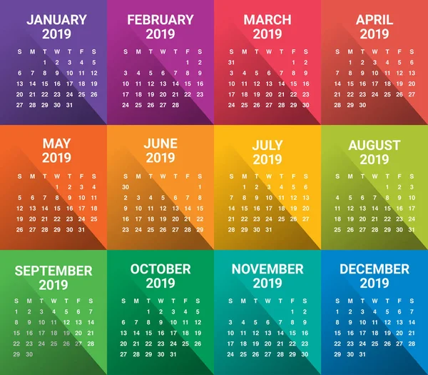 Jaar 2019 Agenda Vector Ontwerpsjabloon Eenvoudige Schone Ontwerp — Stockvector