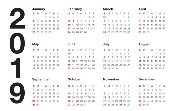 Año 2019 Plantilla Diseño Vectores Calendario Diseño Simple Limpio — Vector de stock