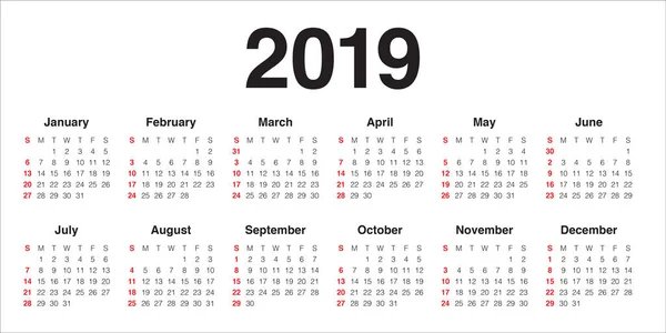 2019 Год Шаблон Векторного Дизайна Календаря Простой Чистый Дизайн — стоковый вектор