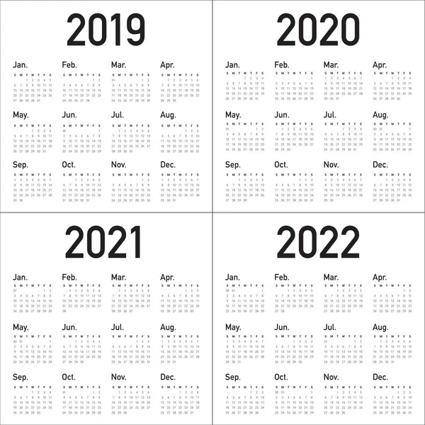 Year 2019 2020 2021 2022 Calendar Vector Design Template Simple — Stock Vector