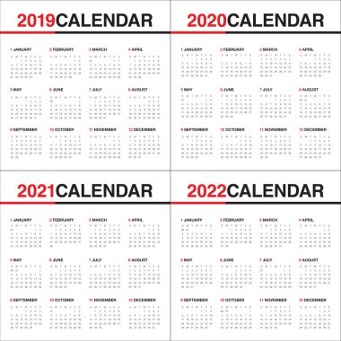 Yıl 2019 2020 2021 2022 takvim vektör tasarım şablonu, basit ve temiz tasarım
