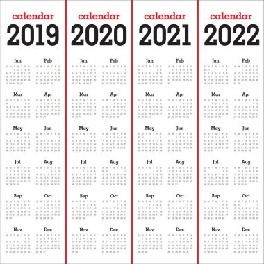 Yıl 2019 2020 2021 2022 takvim vektör tasarım şablonu, basit ve temiz tasarım
