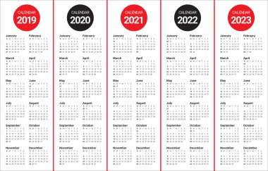 Yıl 2019 2020 2021 2022 2023 takvim vektör tasarım şablonu, basit ve temiz tasarım