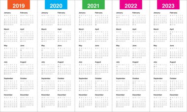 Yıl 2019 2020 2021 2022 2023 takvim vektör tasarım şablonu, basit ve temiz tasarım