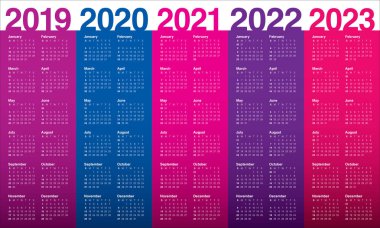 Yıl 2019 2020 2021 2022 2023 takvim vektör tasarım şablonu, basit ve temiz tasarım
