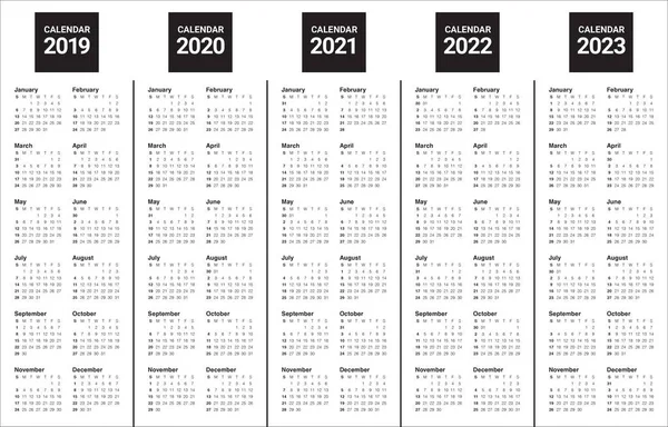 Año 2019 2020 2021 2022 2023 Plantilla Diseño Vectores Calendario — Vector de stock