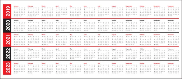 Año 2019 2020 2021 2022 2023 Plantilla Diseño Vectores Calendario — Vector de stock