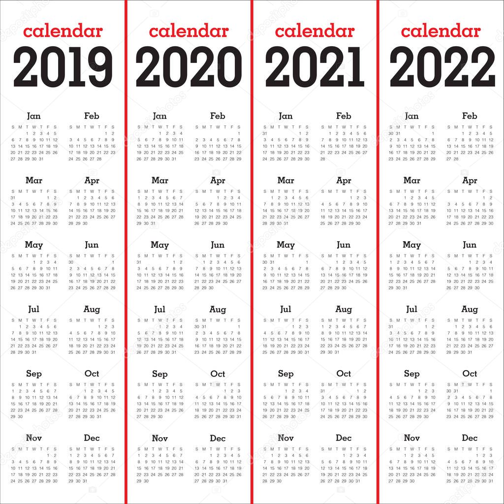 Year 2019 2020 2021 2022 calendar vector design template, simple and clean design