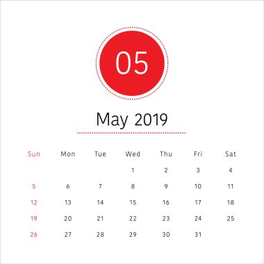 Mayıs 2019 Resepsiyon takvim vektör çizim, basit ve temiz tasarım. 