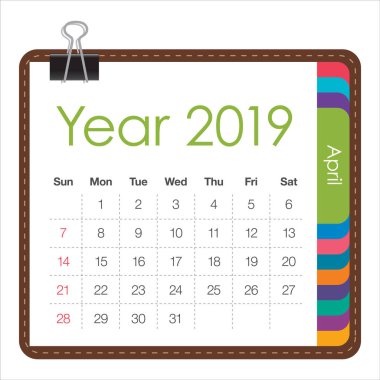 Nisan 2019 aylık takvim vektör çizim, basit ve temiz tasarım. 