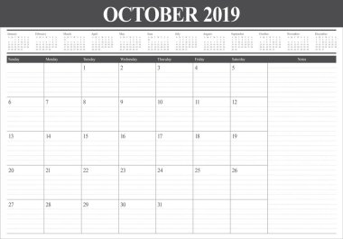 Ekim 2019 Resepsiyon takvim vektör çizim, basit ve temiz tasarım.