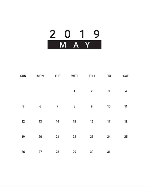 Mayo 2019 Escritorio Calendario Vector Ilustración Diseño Simple Limpio — Archivo Imágenes Vectoriales