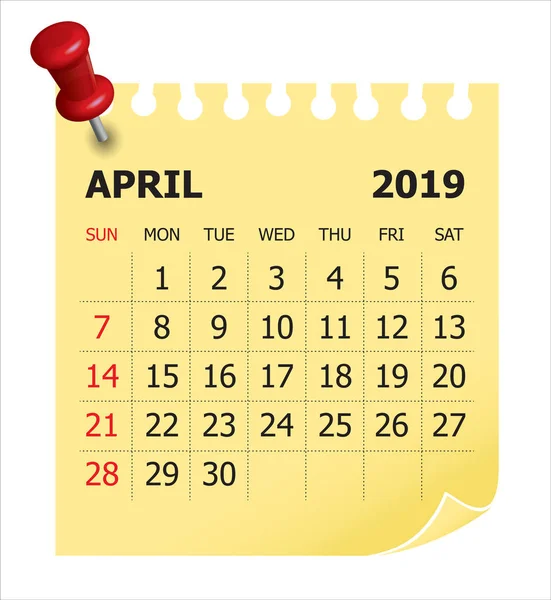 Abril 2019 Calendário Mensal Ilustração Vetorial Design Simples Limpo — Vetor de Stock