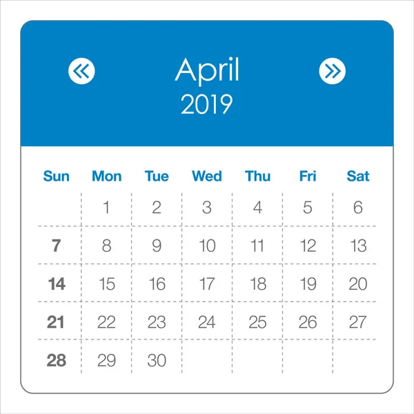 Abril 2019 Calendário Mensal Ilustração Vetorial Design Simples Limpo — Vetor de Stock