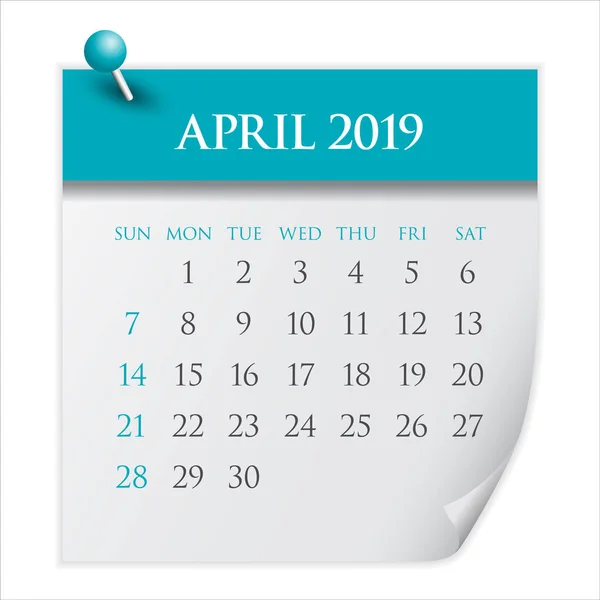 Abril 2019 Calendário Mensal Ilustração Vetorial Design Simples Limpo — Vetor de Stock