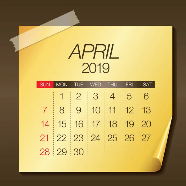 Abril 2019 Calendário Mensal Ilustração Vetorial Design Simples Limpo —  Vetores de Stock