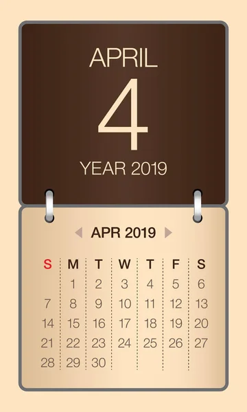 Aprile 2019 Calendario Mensile Illustrazione Vettoriale Design Semplice Pulito — Vettoriale Stock