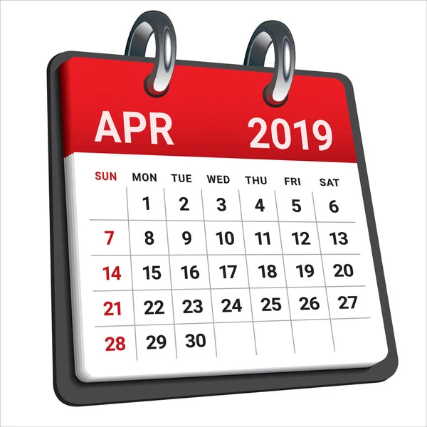 Abril 2019 Calendário Mensal Ilustração Vetorial Design Simples Limpo — Vetor de Stock