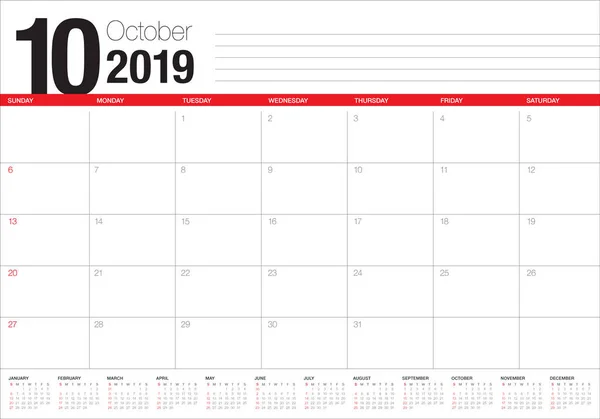 Ottobre 2019 Scrivania Calendario Vettoriale Illustrazione Design Semplice Pulito — Vettoriale Stock