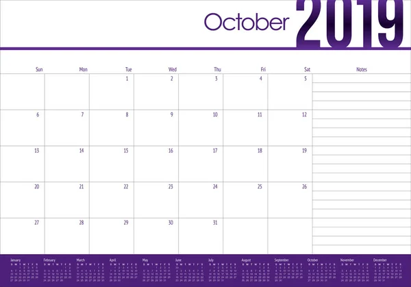 Octubre 2019 Escritorio Calendario Vector Ilustración Diseño Simple Limpio — Archivo Imágenes Vectoriales