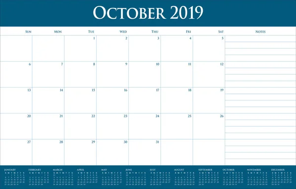 Octubre 2019 Escritorio Calendario Vector Ilustración Diseño Simple Limpio — Archivo Imágenes Vectoriales