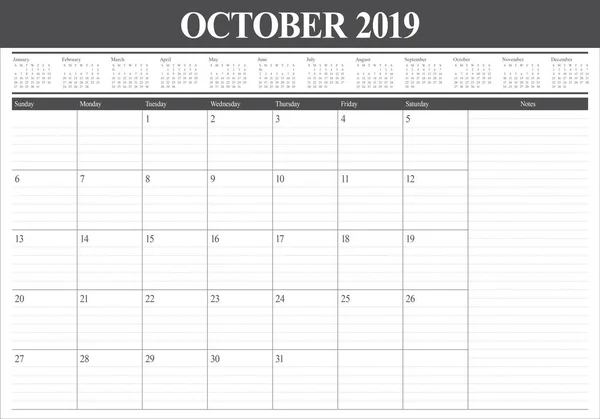 Ottobre 2019 Scrivania Calendario Vettoriale Illustrazione Design Semplice Pulito — Vettoriale Stock