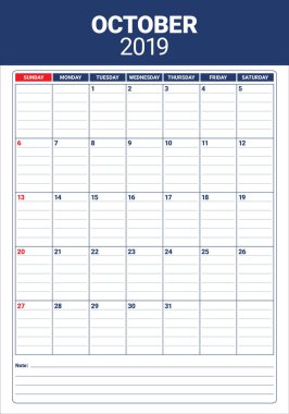 Ekim 2019 Resepsiyon takvim vektör çizim, basit ve temiz tasarım.