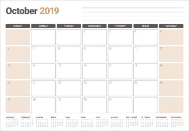 Ekim 2019 Resepsiyon takvim vektör çizim, basit ve temiz tasarım.