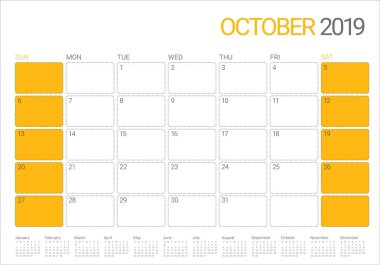Ekim 2019 Resepsiyon takvim vektör çizim, basit ve temiz tasarım.