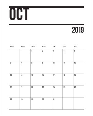 Ekim 2019 Resepsiyon takvim vektör çizim, basit ve temiz tasarım.
