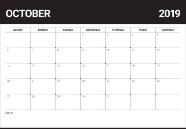 Ekim 2019 Resepsiyon takvim vektör çizim, basit ve temiz tasarım.