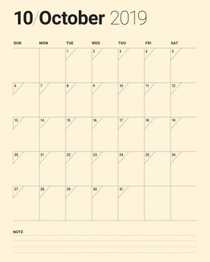 Ekim 2019 Resepsiyon takvim vektör çizim, basit ve temiz tasarım.